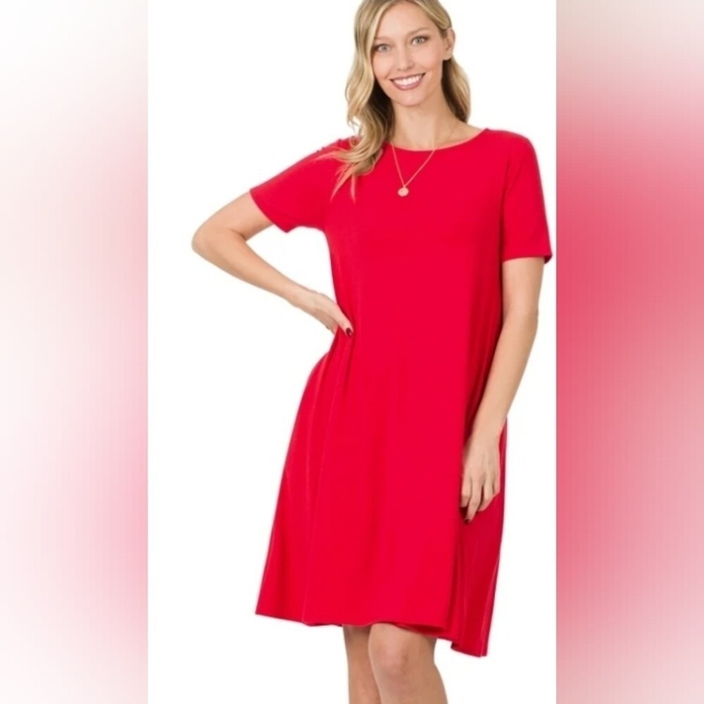Zenana Premium Red Short‎ Sleeve A-Line T-Shirt Dress RS-9943P Womens Medium